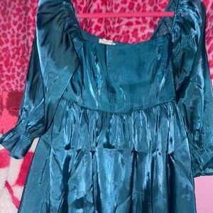 Liquid organza satin teal green blue puffed sleeve dress ruched